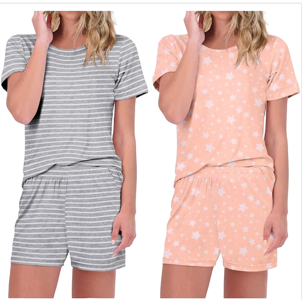 Two short-sleeve pajama sets are shown. One is gray with white stripes, and the other is peach with white star patterns. Both include matching shorts.