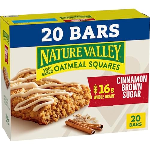 Nature Valley Soft Baked Oatmeal Squares in Cinnamon Brown Sugar flavor, featuring 20 bars per box and 16g of whole grain per serving.