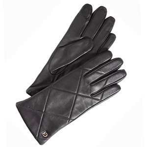 A pair of black leather gloves with quilted diamond stitching and a small gold emblem on the cuff.