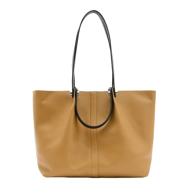 The AllSaints Small Allington Tote is a tan leather tote with black dual shoulder straps and a clean, minimalist design. It features a subtle central seam and is crafted for everyday use.