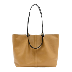 The AllSaints Small Allington Tote is a tan leather tote with black dual shoulder straps and a clean, minimalist design. It features a subtle central seam and is crafted for everyday use.