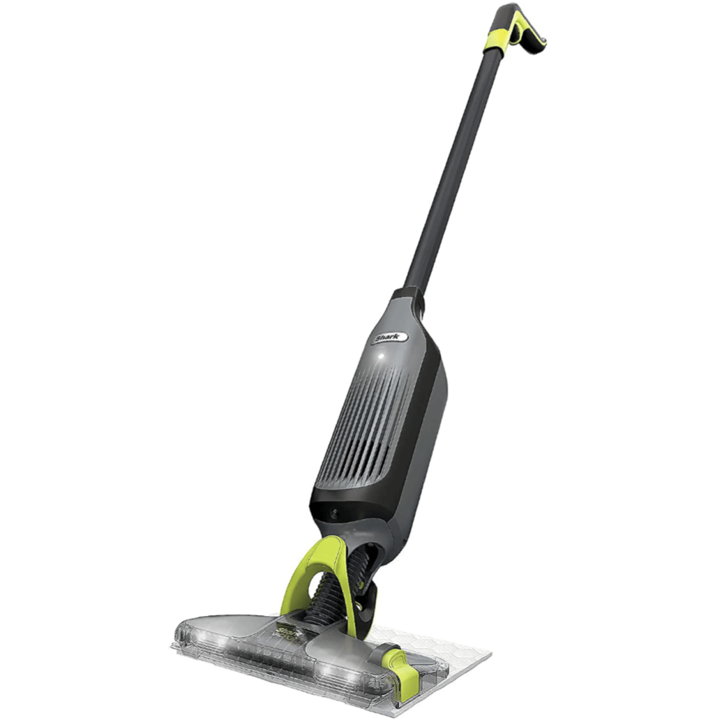 A Shark VACMOP, an all-in-one vacuum and mop device with a sleek design, featuring a long handle and a cleaning head with built-in lights.