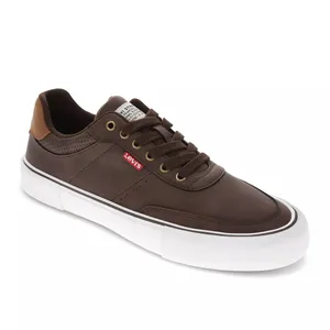 A brown Levi's sneaker with white soles, featuring a low-top design, lace-up closure, and a small red logo tag on the side.