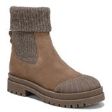 A tan boot with a knit cuff, suede body, and a ridged rubber toe cap on a chunky treaded sole.