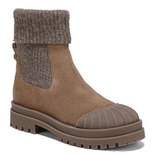 A tan boot with a knit cuff, suede body, and a ridged rubber toe cap on a chunky treaded sole.