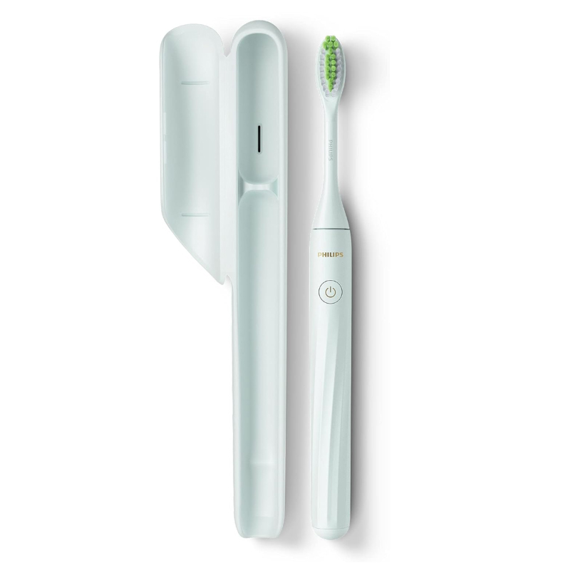 Philips One by Sonicare Toothbrush is a sleek, white electric toothbrush with a travel case. It features a power button and a green-bristled brush head designed for effective cleaning.