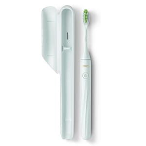 Philips One by Sonicare Toothbrush is a sleek, white electric toothbrush with a travel case. It features a power button and a green-bristled brush head designed for effective cleaning.