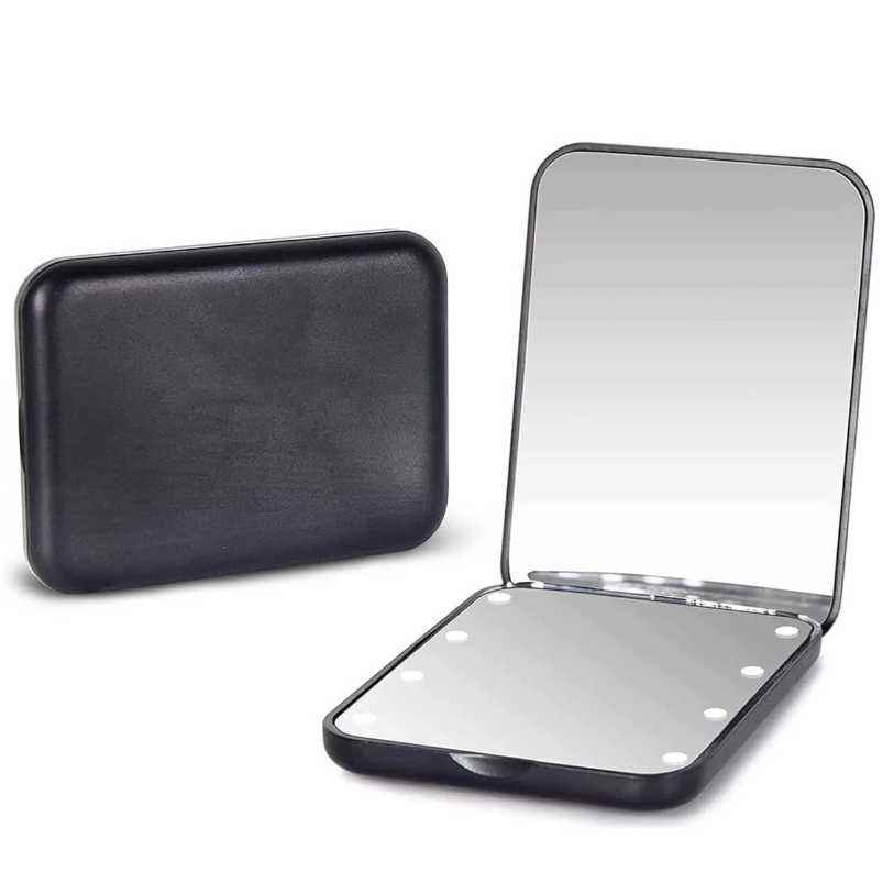 A compact black handheld mirror with LED lights, featuring a folding design for portability.