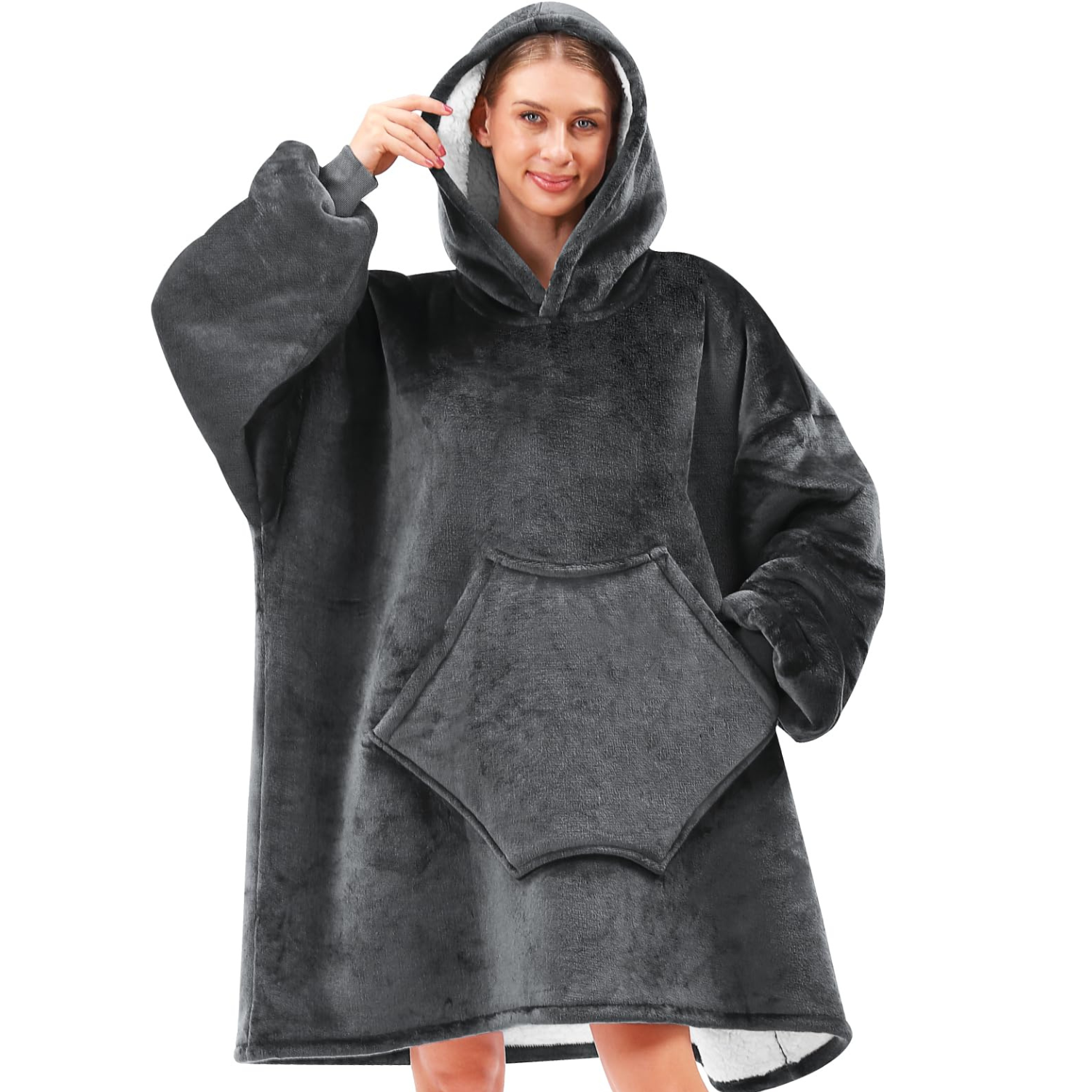 A cozy, oversized, dark gray wearable blanket hoodie with long sleeves, a large hood, and a front kangaroo pocket for added comfort.