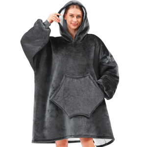 A cozy, oversized, dark gray wearable blanket hoodie with long sleeves, a large hood, and a front kangaroo pocket for added comfort.