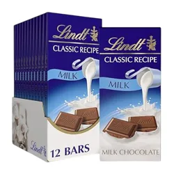 Lindt Classic Recipe Milk Chocolate, featuring 12 bars, displayed in packaging with milk pouring over chocolate squares.