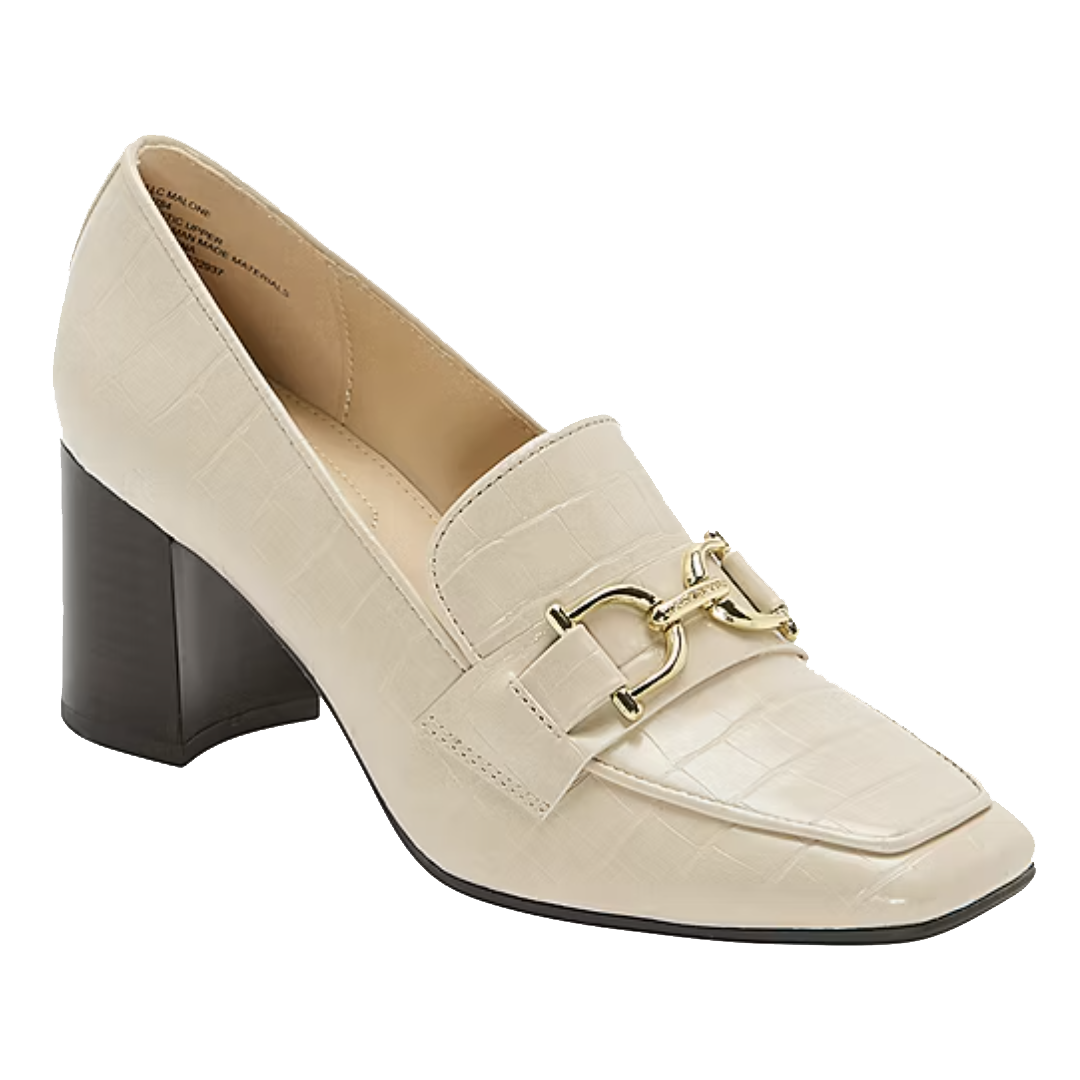 Cream-colored block heel loafer with crocodile texture and gold horsebit decoration.