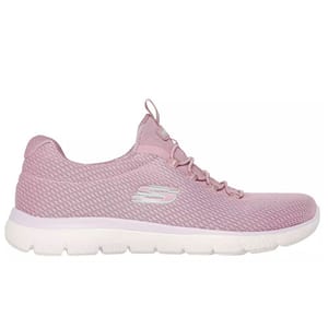 A pink athletic sneaker featuring a mesh upper and white sole, with a logo on the side.