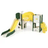 A children's playset with slide, climbing stairs, basketball hoop, and activity panels, featuring green, yellow, and beige colors.