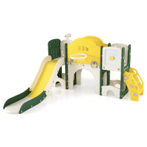 A children's playset with slide, climbing stairs, basketball hoop, and activity panels, featuring green, yellow, and beige colors.
