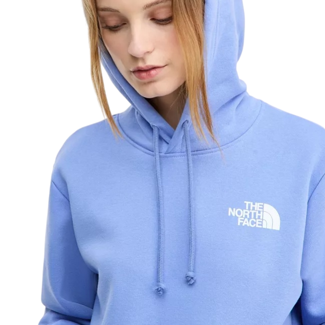 A person is wearing a blue The North Face hoodie with a white logo on the chest. The hoodie has a drawstring hood.