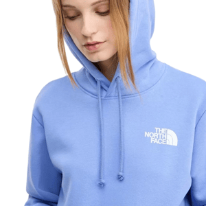A person is wearing a blue The North Face hoodie with a white logo on the chest. The hoodie has a drawstring hood.
