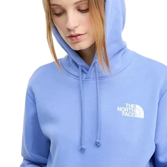 A person is wearing a blue The North Face hoodie with a white logo on the chest. The hoodie has a drawstring hood.