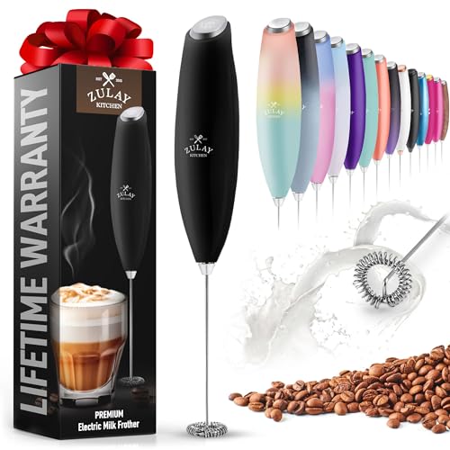 A handheld electric milk frother with a stainless steel whisk, available in various colors, and images depicting its use for frothing milk and its inclusion in a gift box with a lifetime warranty.