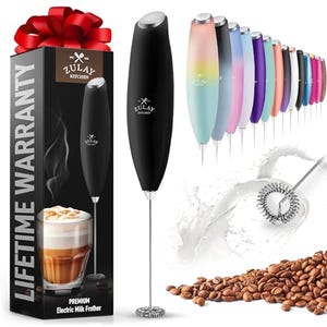 A handheld electric milk frother with a stainless steel whisk, available in various colors, and images depicting its use for frothing milk and its inclusion in a gift box with a lifetime warranty.