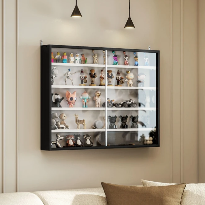 Wall-mounted display cabinet with multiple shelves showcasing a collection of small figurines and toys.