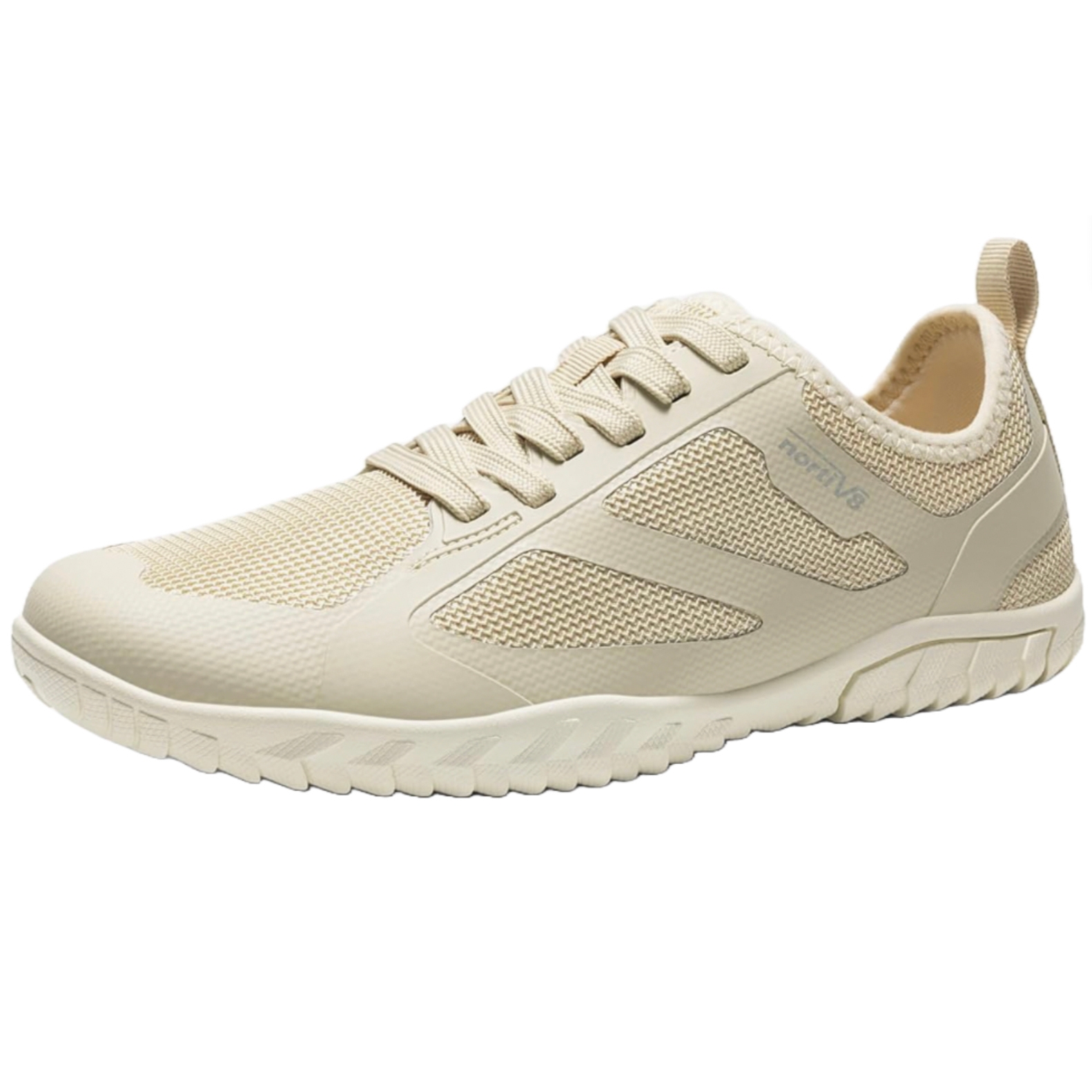 Beige unisex water shoes with a mesh upper for breathability, featuring lace-up closure, pull tab at the heel, and a flexible rubber sole for traction.