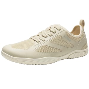 Beige unisex water shoes with a mesh upper for breathability, featuring lace-up closure, pull tab at the heel, and a flexible rubber sole for traction.