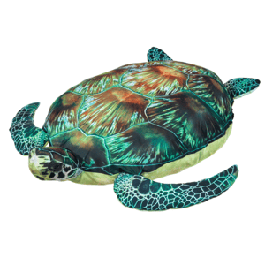 A plush sea turtle with a realistic shell pattern, featuring vibrant shades of green and brown.