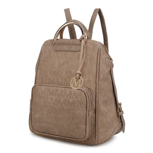 Beige backpack featuring a textured pattern with repeated \“M\“ design, adjustable straps, a front zip pocket, and a decorative circular \“M\“ charm.