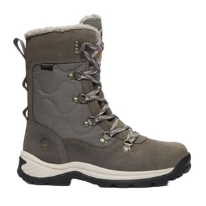 Timberland Lined Winter Boots feature a high-top design with durable gray material, lace-up closure, and a plush inner lining for warmth. They have a rugged black sole for traction and a branded logo on the side.