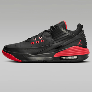 Black and red basketball shoe with the Jumpman logo and visible air cushioning.