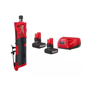 Cordless rotary tool kit with two rechargeable batteries and a charging station, featuring a red and black design.