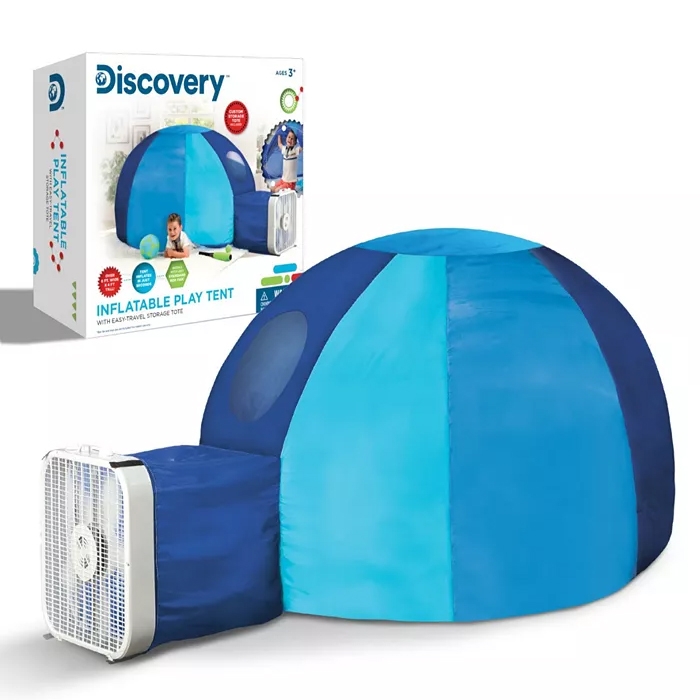 A blue and white inflatable play tent designed for children, accompanied by its storage box.