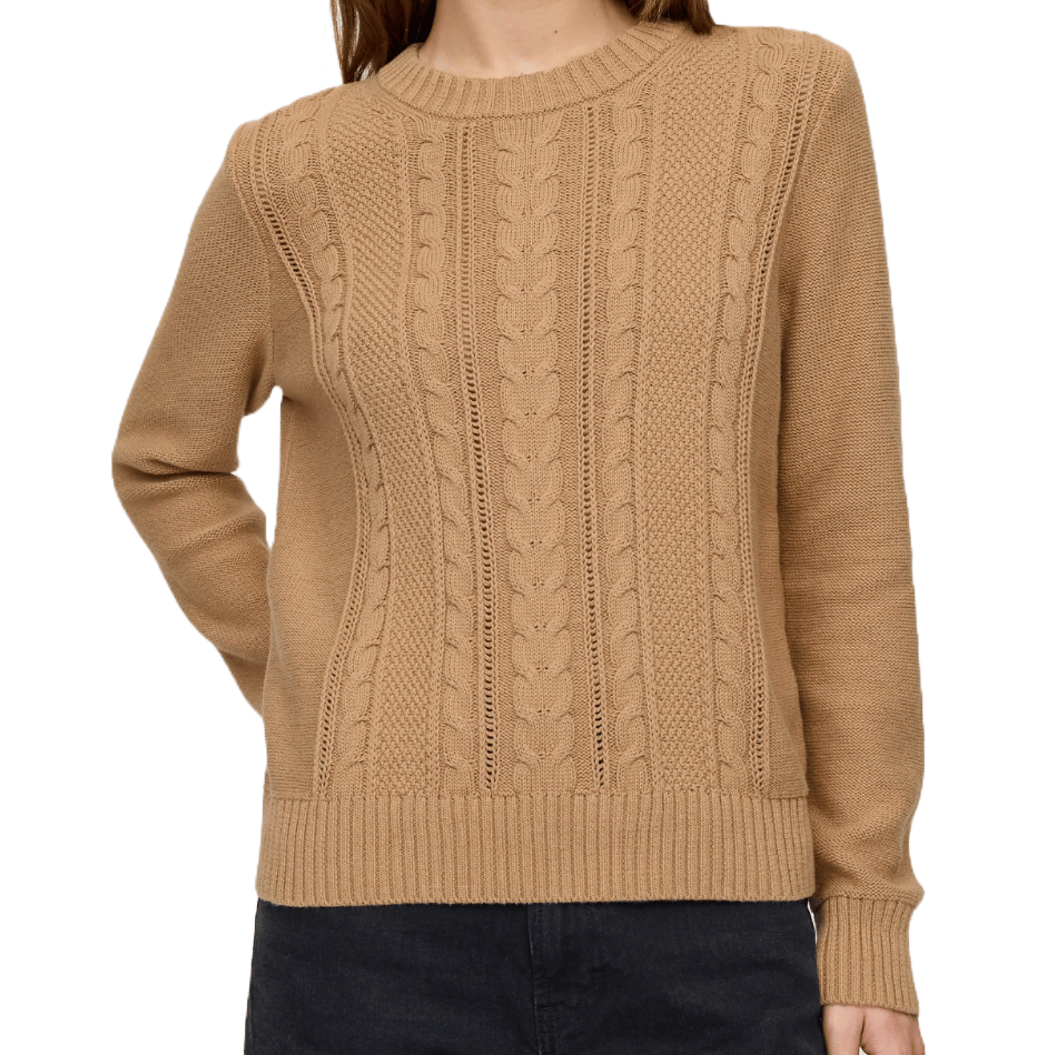 Tan cable knit sweater with ribbed cuffs, hem, and round neckline, featuring intricate vertical cable patterns for a classic look.
