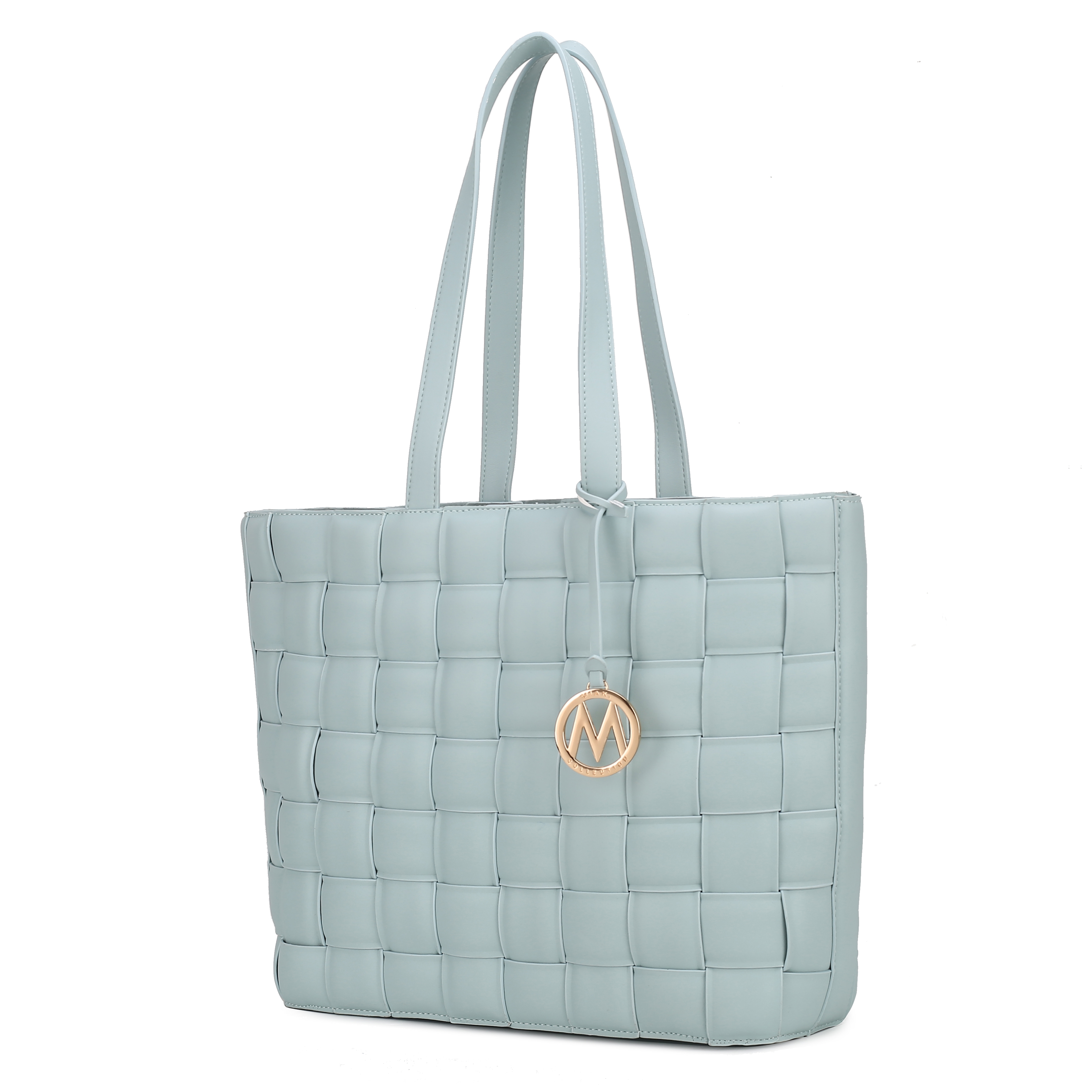 Light blue woven tote bag with double straps and a circular gold accent featuring a letter.
