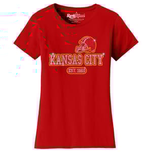 Red short-sleeve tee with rhinestone embellishments, featuring a football helmet design, the text \“Kansas City,\“ and \“Est. 1960\“ below.