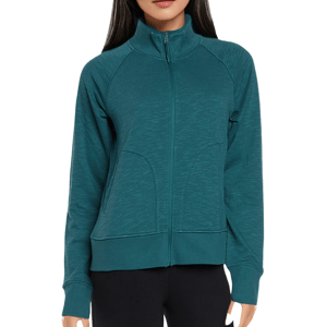 A teal zip-up athletic jacket with a high collar and front pockets, worn over black pants.