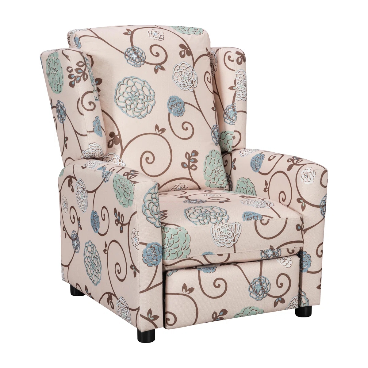 Floral patterned wingback recliner chair with pastel blue and green flowers on a beige background, featuring rolled arms and dark wooden legs.