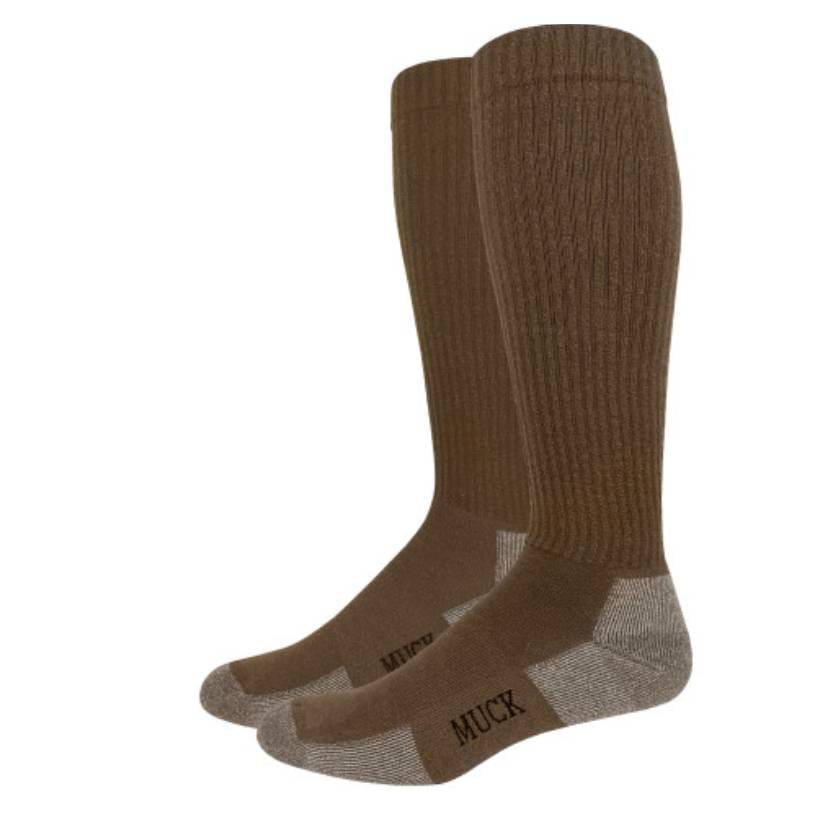 A pair of knee-high brown socks with reinforced gray heels and toes, marked with the word \“MUCK.\“