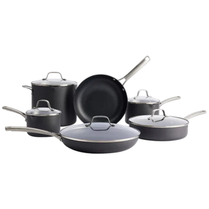 A set of black cookware featuring pots and pans with lids, including a stockpot, saucepans, and frying pans, all with stainless steel handles.