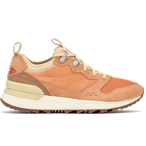 A casual sneaker with an orange and beige color scheme, featuring suede and mesh materials, lace-up closure with metal eyelets, and a textured rubber sole for traction.