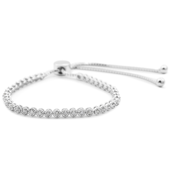 An elegant 1/2 carat diamond bracelet features a line of sparkling round diamonds set in a silver or white gold setting. It's adjustable with a sleek sliding mechanism, allowing for a customizable fit.