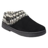Black clogs with a patterned sweater-knit collar, featuring a button detail on the side, and a sturdy black sole.