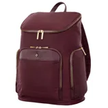 Maroon backpack with gold zippers and several compartments, including a front pocket with a button detail.