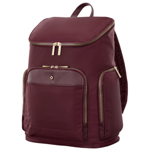 Maroon backpack with gold zippers and several compartments, including a front pocket with a button detail.