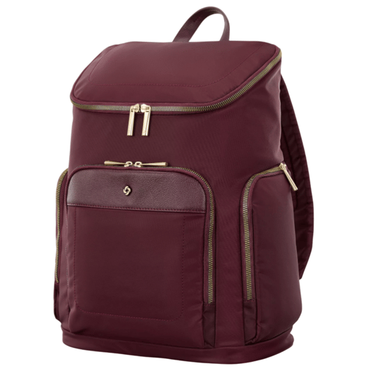 Maroon backpack with gold zippers and several compartments, including a front pocket with a button detail.