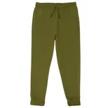 Olive green jogger pants with an elastic waistband, drawstrings, side pockets, and cuffed ankles.