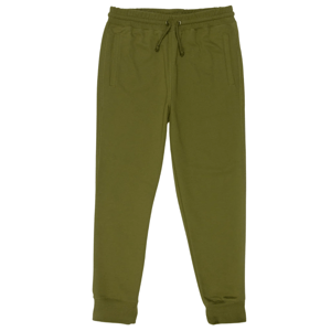 Olive green jogger pants with an elastic waistband, drawstrings, side pockets, and cuffed ankles.