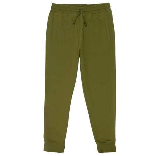 Olive green jogger pants with an elastic waistband, drawstrings, side pockets, and cuffed ankles.