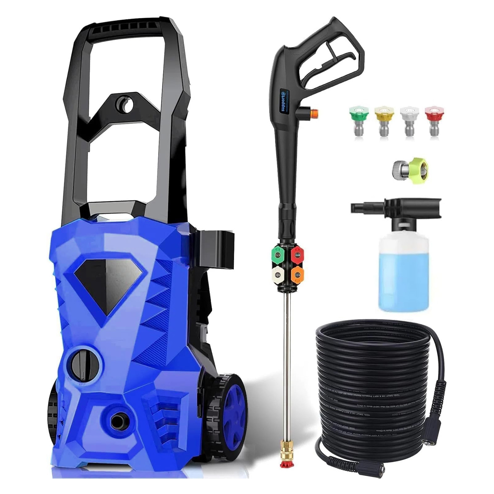 Blue electric pressure washer with a spray gun, five nozzle tips, a foam cannon, and a high-pressure hose.